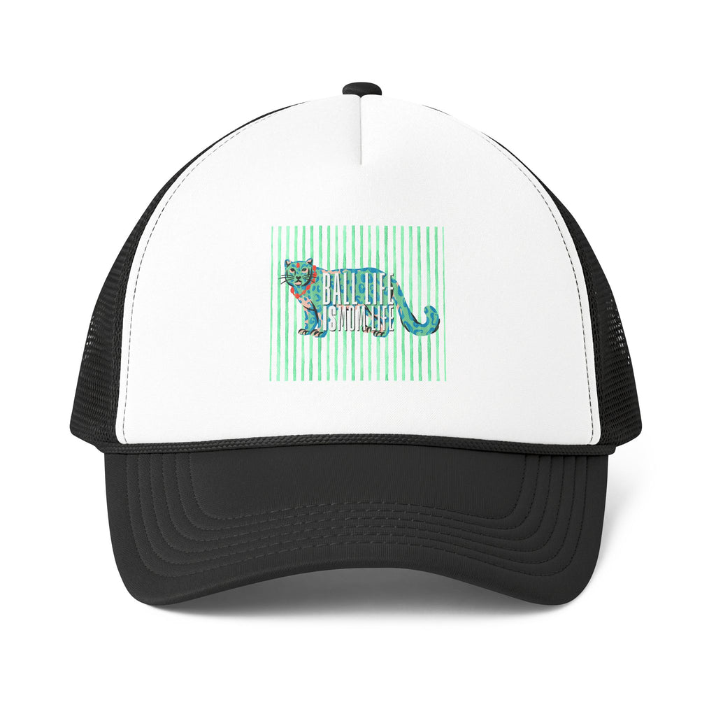 Mom Life Ball Life Teal Green Leopard Trucker Hat — Beachy Striped Design Ball Cap