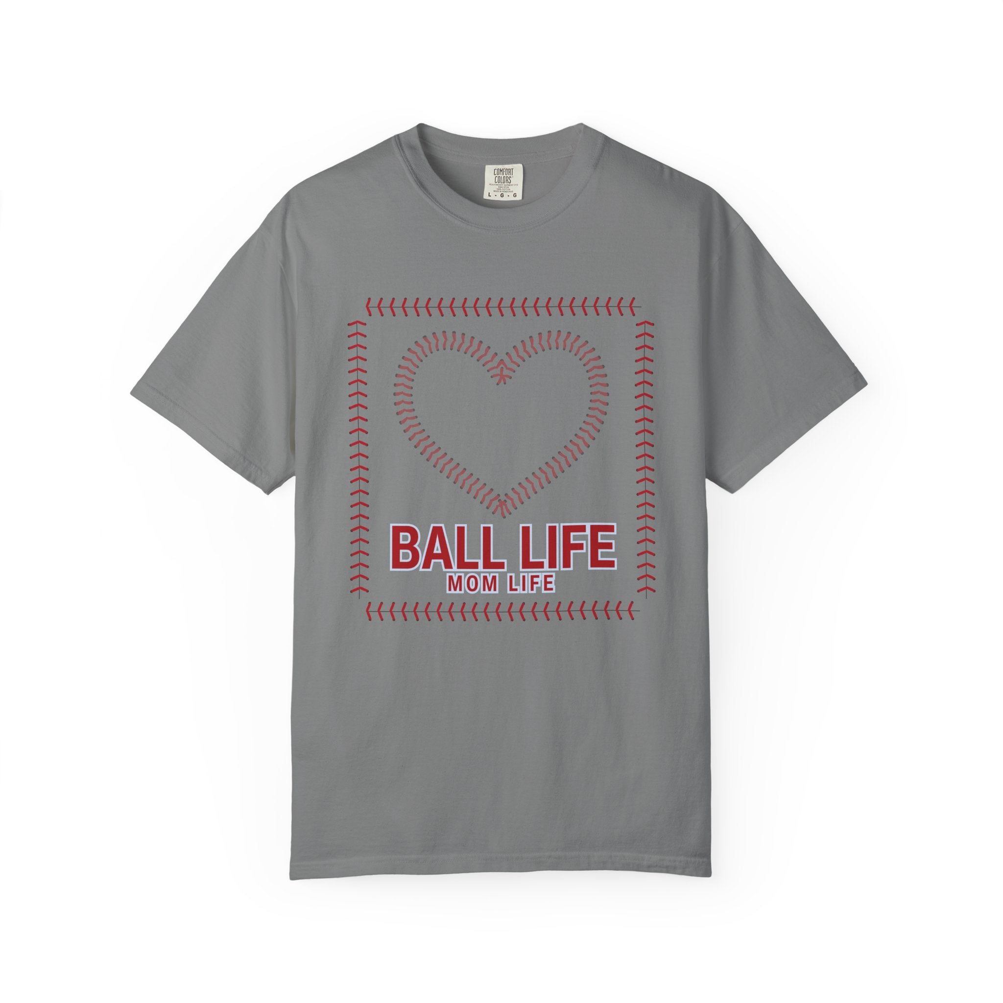 Baseball Mom T‑Shirt — "Ball Life Mom Life" Heart Stitch Design