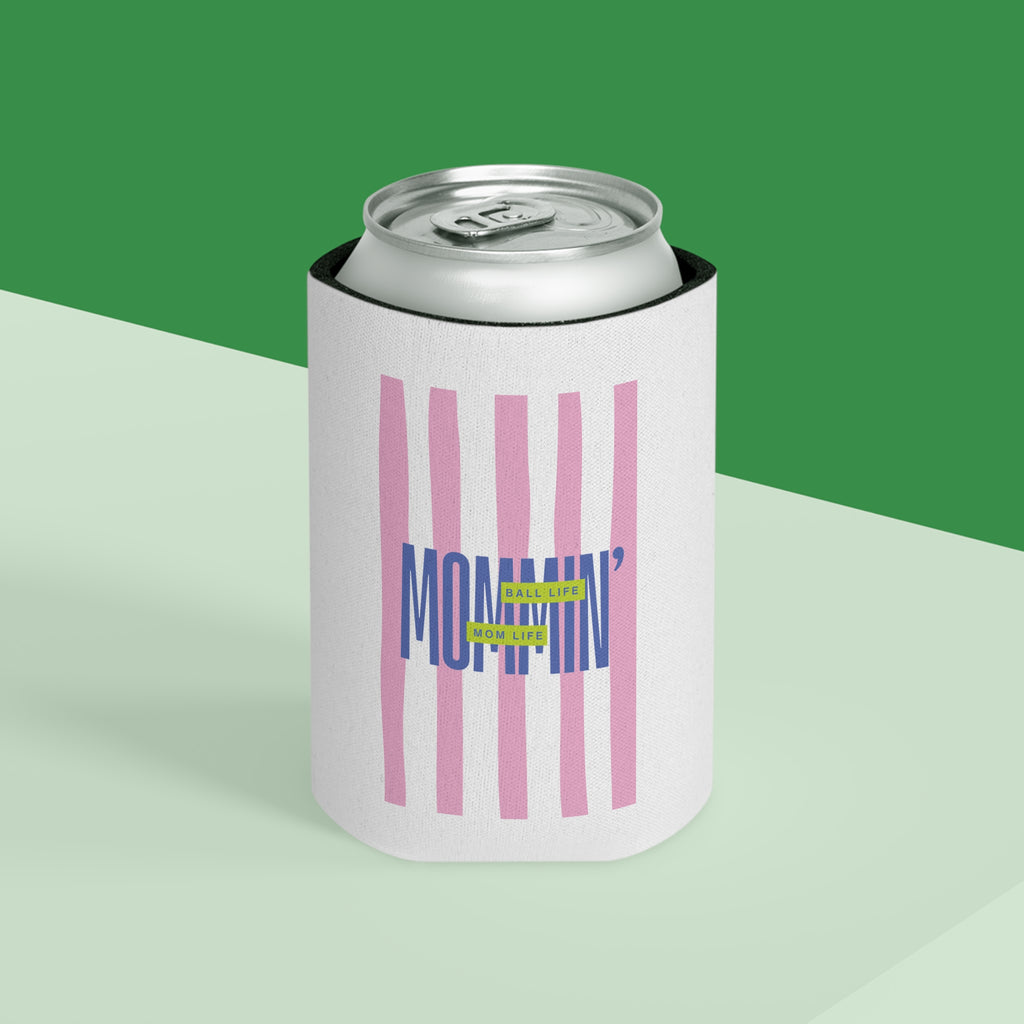 Can Cooler – Pink Stripes Mommin' Ball Life Mom Life Retro Graphic Can Koozie