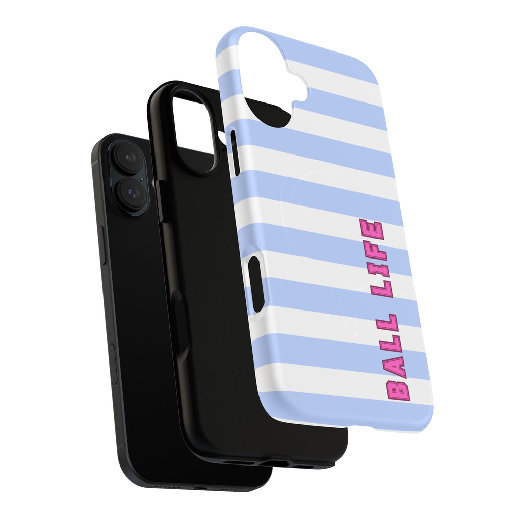 Phone Case — "Ball Life is Mom Life" Magnetic Tough Case Blue Stripes Pink Font